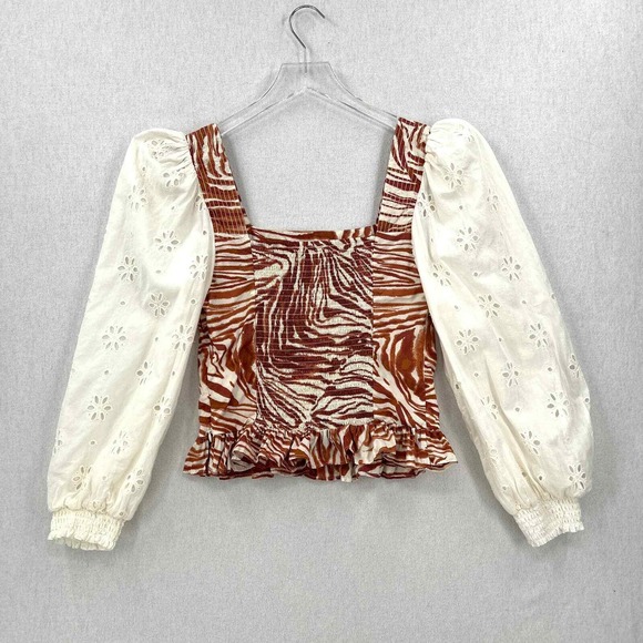 LOVE THE LABEL Shirt Womens S Cotton Puff Sleeve Top Zebra Eyelet ANTHROPOLOGIE - Picture 3 of 16